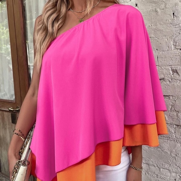 Womens One Shoulder Hi Lo Colorblock Blouse in Magenta Combo in Various NWT - Picture 4 of 6